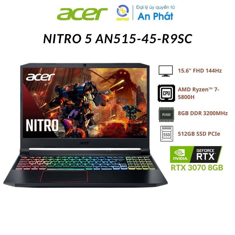 Laptop Acer Nitro 5 AMD AN515-45-R9SC Ryzen 7-5800H | 8GB | 512GB | RTX TM 3070 8GB | 15.6 inch FHD | Win10