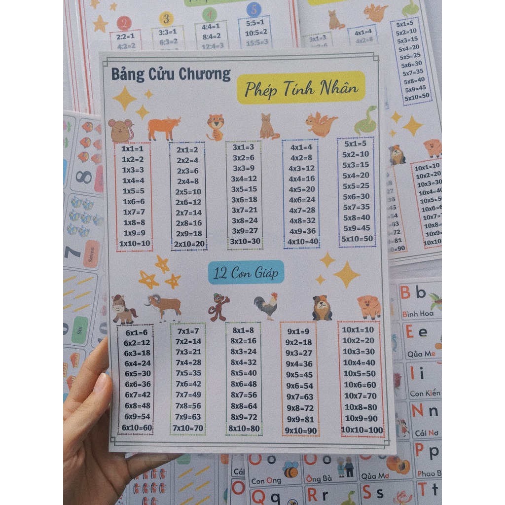 Bảng cửu chương, Bảng chữ cái, Bảng số đếm, ÉP PLASTIC: Dày, Không nhàu nát - Sắc nét - Có ví dụ - An toàn cho trẻ