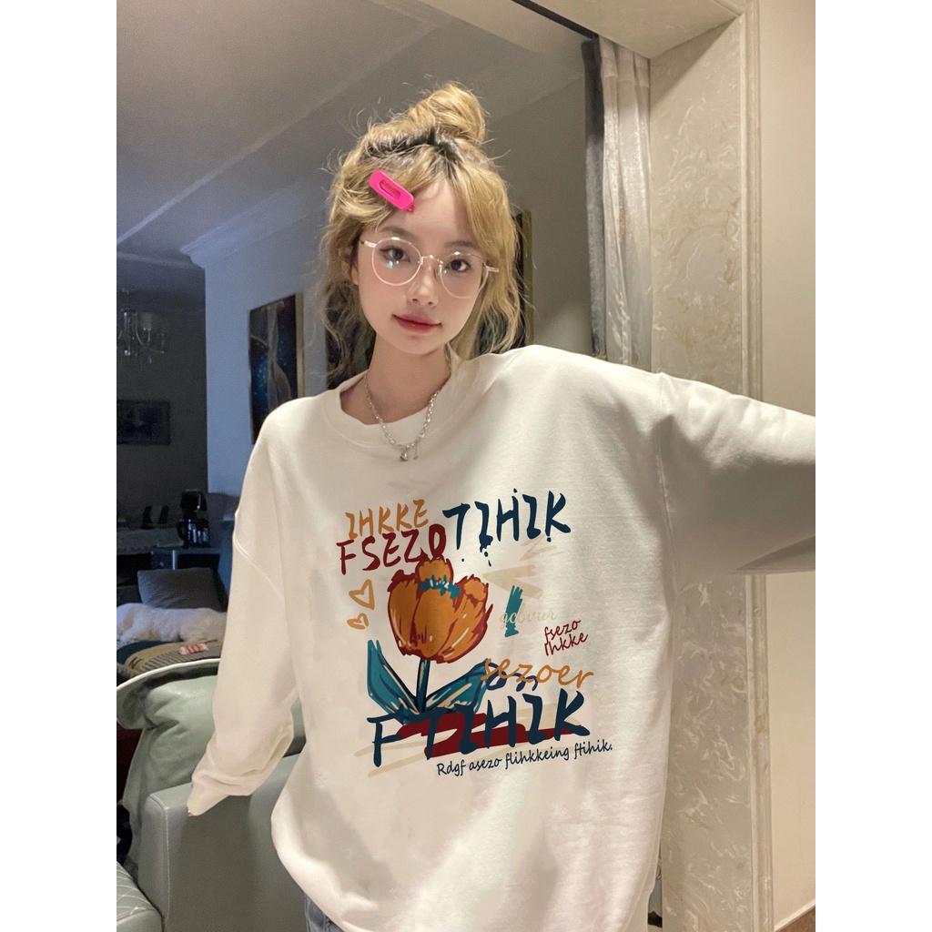 SELVZE Áo sweater tay dài cổ tròn in họa tiết thời trang dành cho nữ
