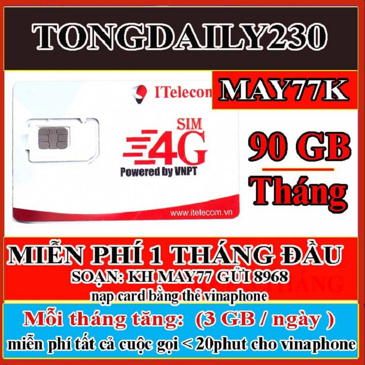 Sim 4G Vinaphone - Itelecom MAY gói 90gb/tháng ( 3gb/ngày ) + free gọi vina & itel - phí duy trì chỉ 77k /tháng