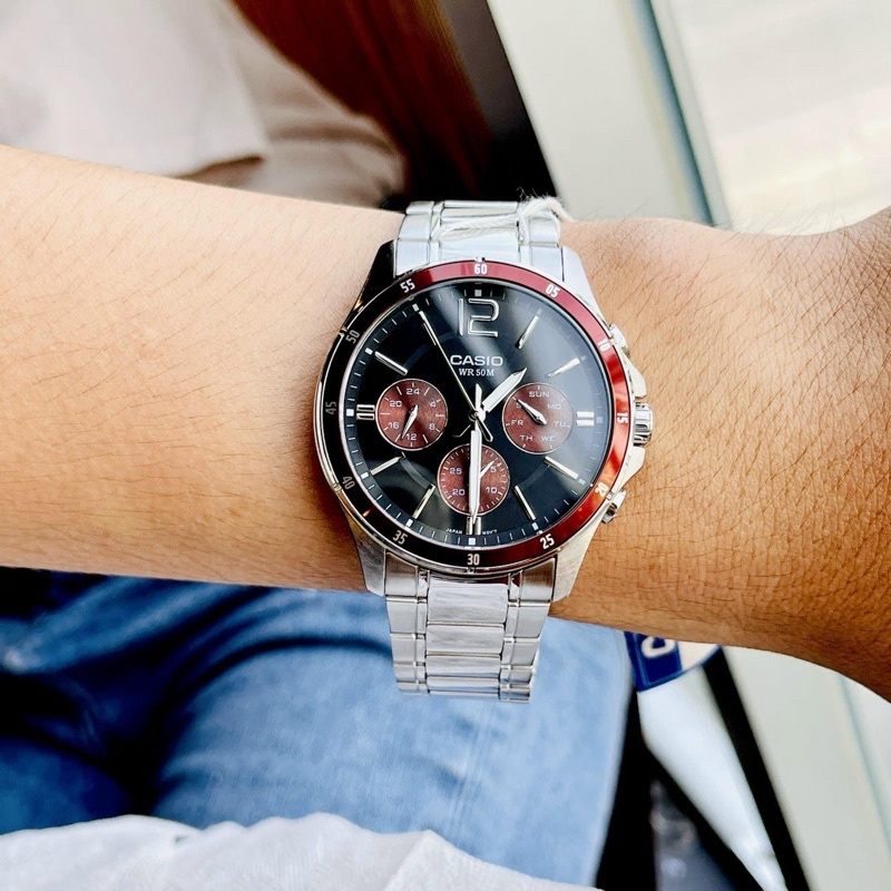 Đồng hồ nam dây thép viềng đỏ Casio MTP 1374D-5AV Size 42mm chống nước 5ATM Bảo hành 1 năm Hyma watch