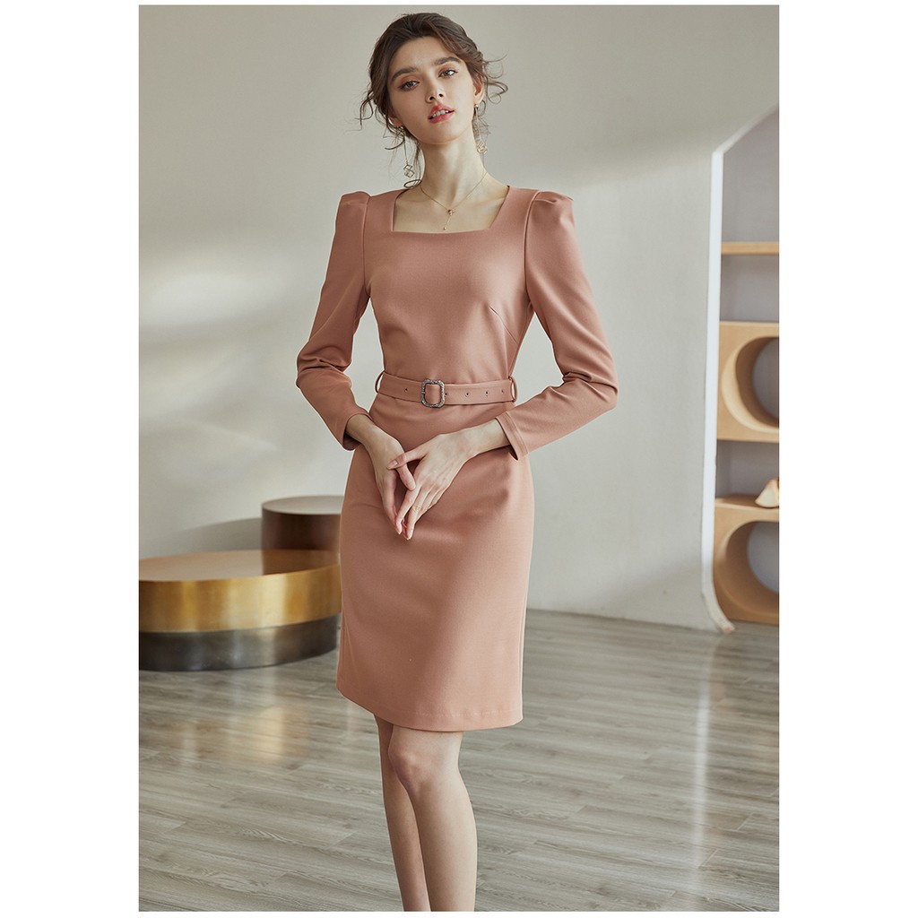 Đầm hồng kem chữ a công sở có dây đai tay dài