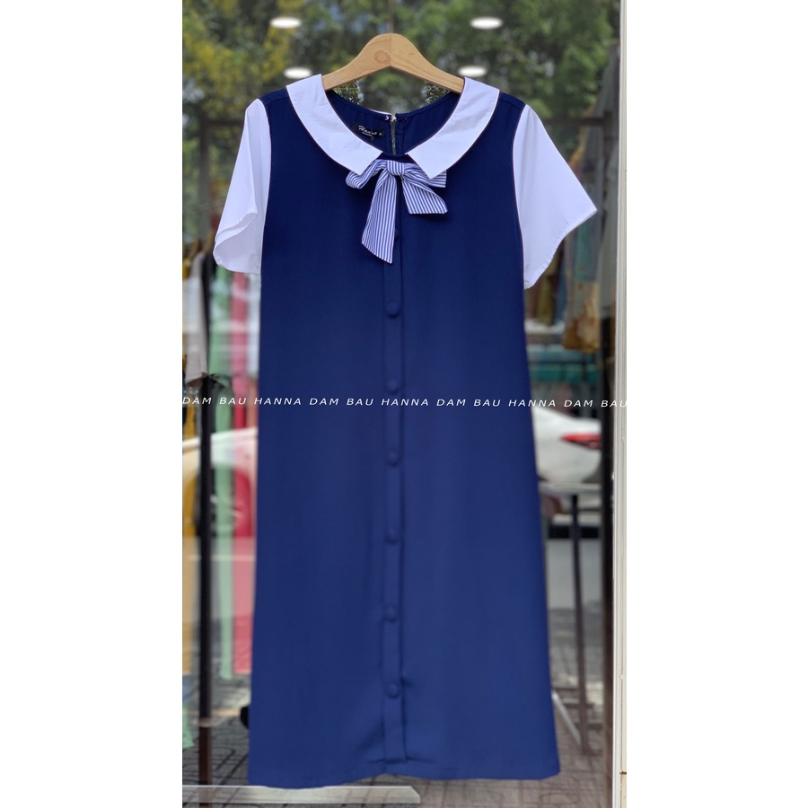 [HANNA] Đầm bầu công sở dáng suông dài qua gối lên gọn vải cao cấp thoáng mát không nhăn có size 80kg có túi bên sườn