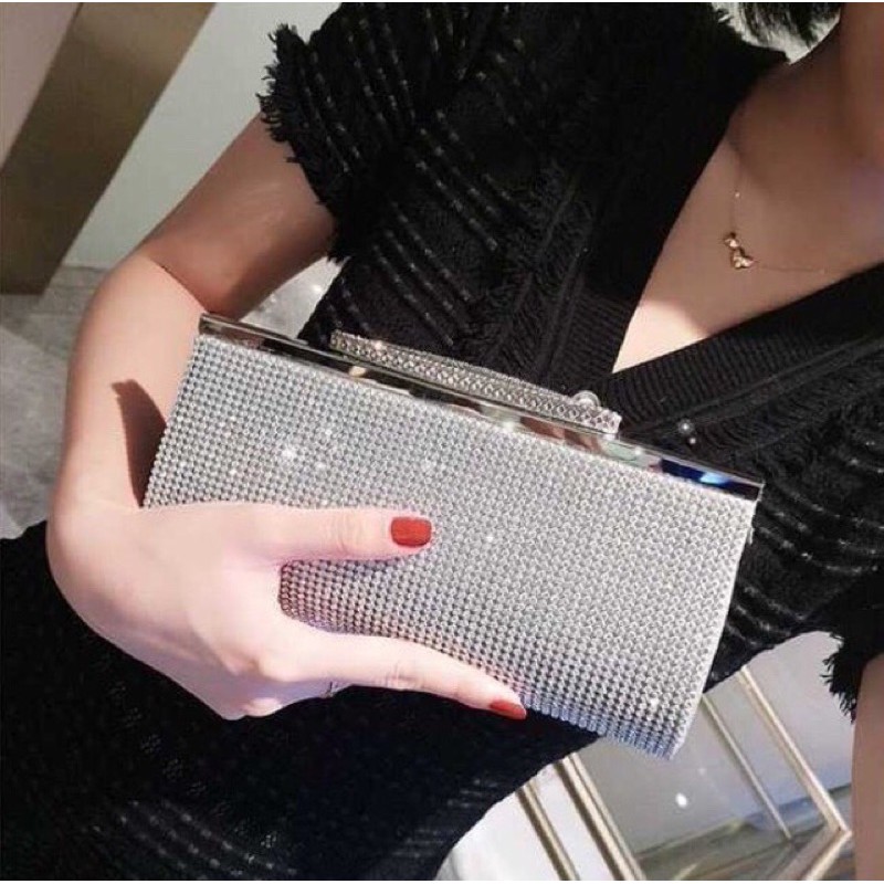 Ví Cầm Tay 💥 SANG CHẢNH 💥 Túi Nữ Đính Đá Hình Chữ Nhật Nhỏ Gọn Tiện Dụng