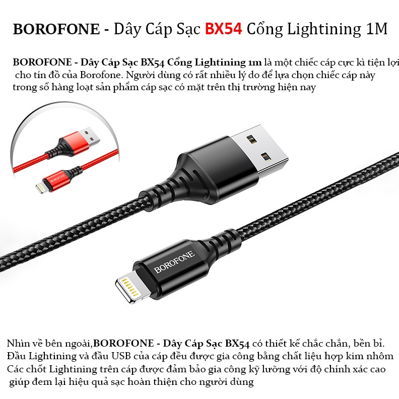 Cáp Sạc IPhone Dây Dù Borofone BX54 Lightining Chính Hãng 1M Sạc Nhanh Cho IPhone , Ipad Chống Đứt Gãy