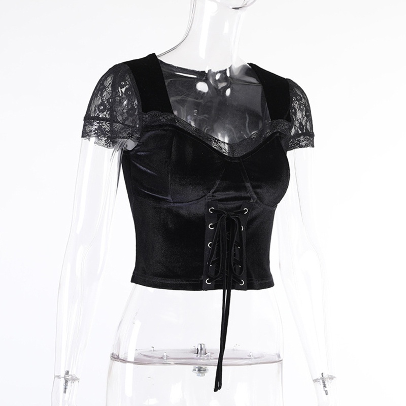 Áo Croptop Nhung Tay Ngắn Cổ Vuông Cột Dây Phong Cách Gothic Harajuku Vintage Gợi Cảm Cho Nữ
