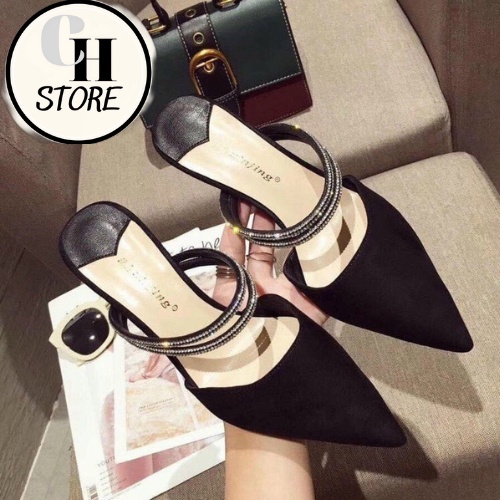 Sục mũi nhọn cao gót, giày nữ đính đá 7p mã C21