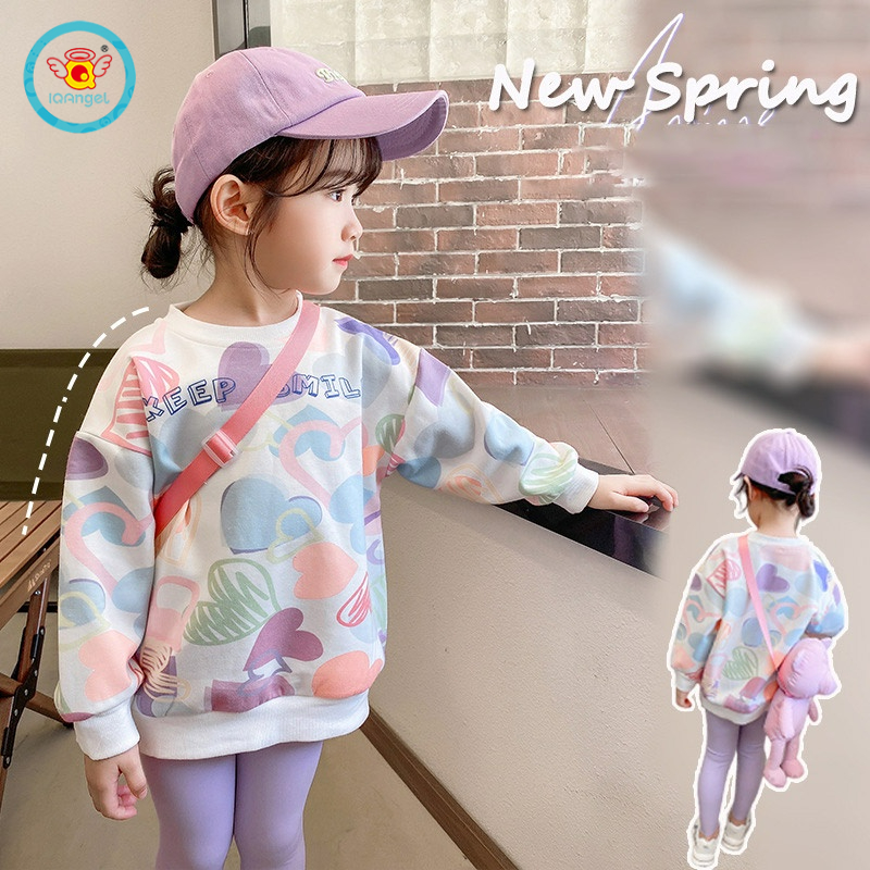 Áo sweater IQ ANGEL dài tay thoải mái họa tiết graffiti trái tim vui nhộn mới cho bé gái