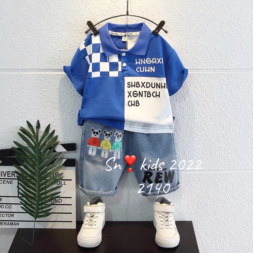 Bộ quần áo cộc tay bé trai kiểu dáng hàn quốc, set áo polo hoạ tiêt HNGAXI phối quần bò ngố cho bé size 10-32kg