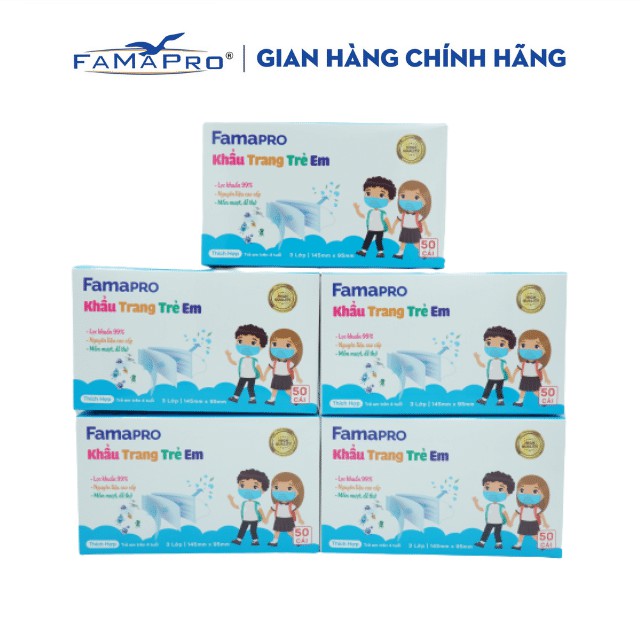 [HỘP-50 CÁI-QUAI THUN] COMBO 5 HỘP Khẩu trang y tế trẻ em kháng khuẩn 3 lớp Famapro max kid