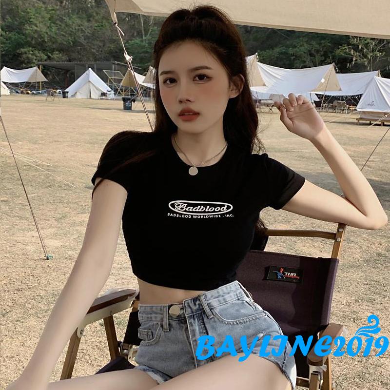 Bay-Women´s Crop Tops, Round Neck Short Sleeve Letter Printed Slim Pullover Short T-Shirt for Young Ladies