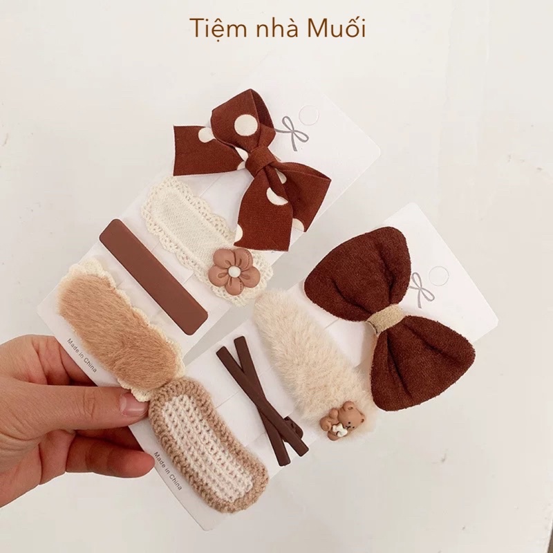 Set 4 kẹp tóc tone nâu/be/trà sữa siêu cute phong cách Hàn Quốc cho bé gái
