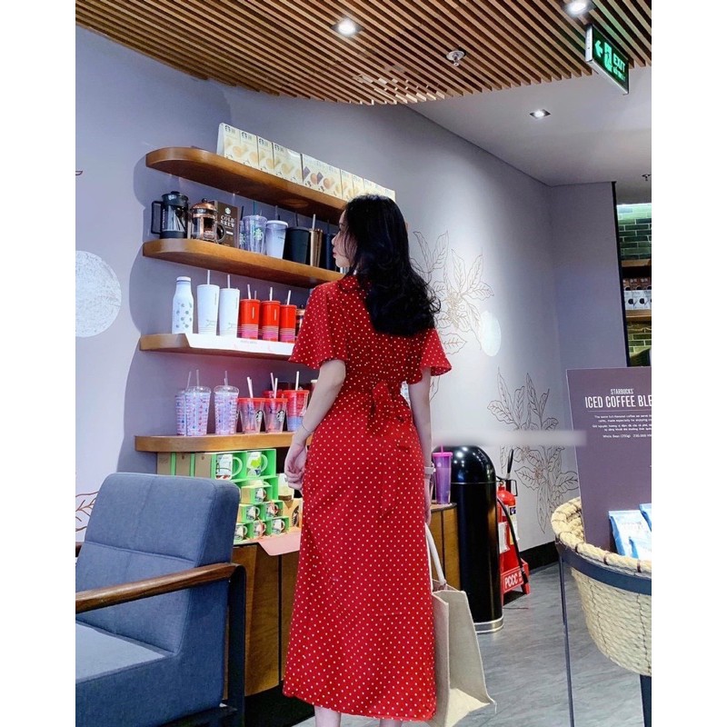 Đầm Chấm Bi Đỏ Cột Eo (Kèm Hình Chụp Thật)