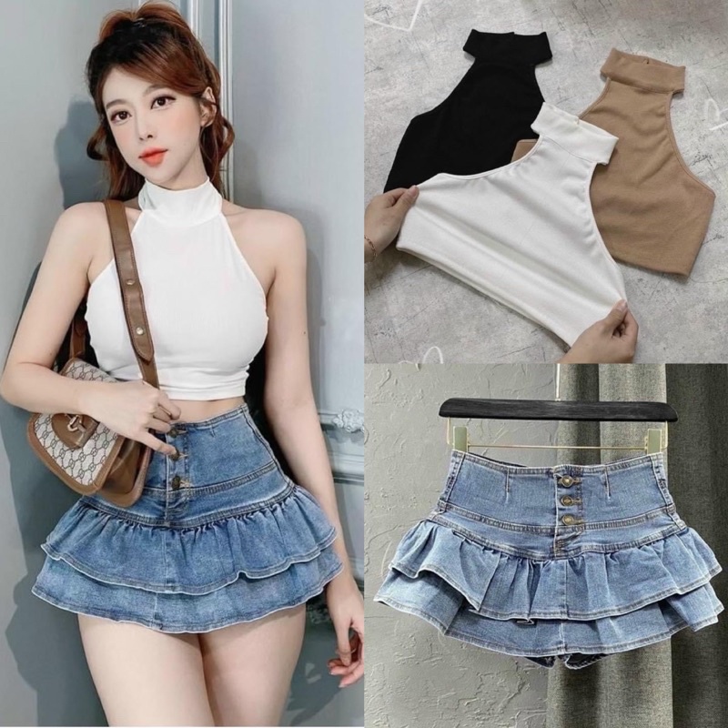 Áo kiểu yếm trễ vai gài cúc cổ croptop body chất vải thun gân len 4 chiều FreeSize, phối sọc hở tay