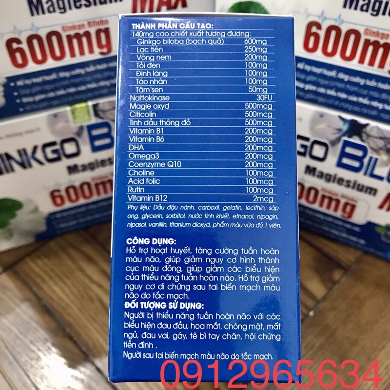 100 Viên bổ não thông mạch Ginkgo Biloba Magleslum Max 600mg hỗ trợ hoạt huyết, tăng tuần hoàn não