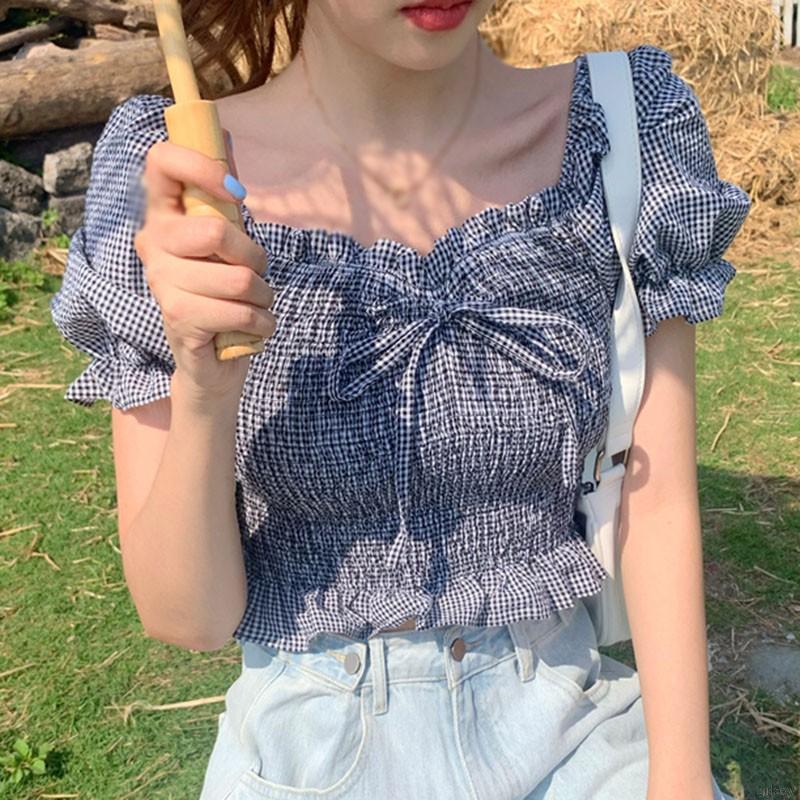 Áo kiểu cổ vuông tay phồng ngắn phối họa tiết sọc ca rô thời trang phong cách Hàn Quốc cho nữ