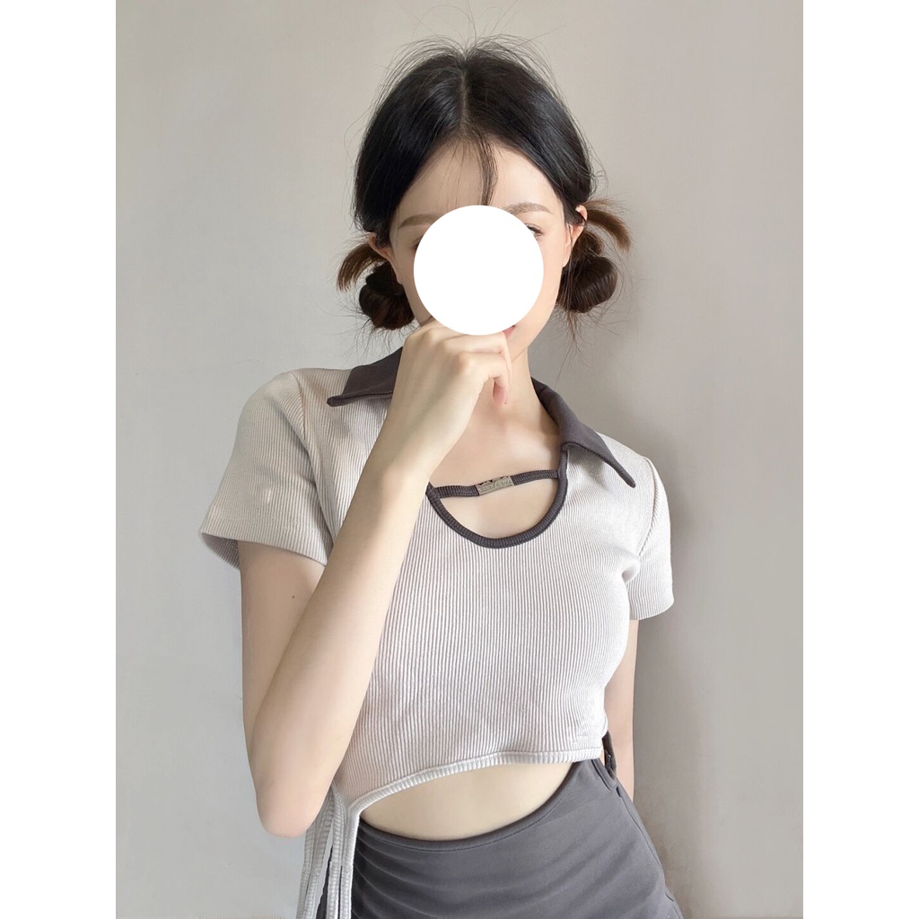 Áo kiểu ZHELIHANGFEI cổ polo ngắn tay lưng cao cột dây thiết kế quyến rũ thời trang