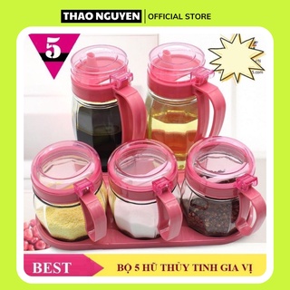 Bộ 5 hũ thuỷ tinh đựng gia vị, bộ gia vị