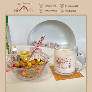 Set bát và cốc thủy tinh hoạ tiết gấu dễ thương