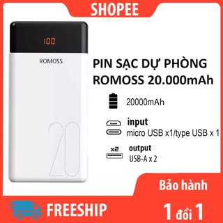 [BH 12T] Pin sạc dự phòng Romoss 20000mah có đèn led báo dung lượng pin