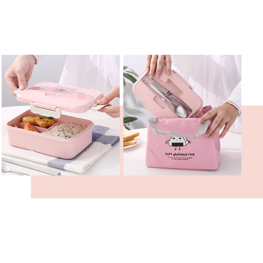 Hộp Cơm Văn Phòng Lúa Mạch Có Quai Sách Tặng Kèm Đũa , Thìa Inox, có nắp ngăn cách nhiệt , Tiện Dụng