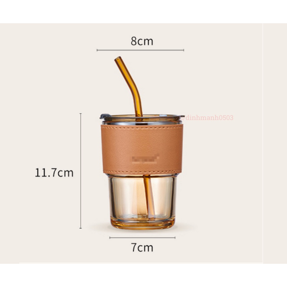 Cốc Thủy Tinh Uống Nước Bọc Da Có Ống Hút – Ly Uống Nước Vỏ Da Chịu Nhiệt Tốt Dung Tích 450ml