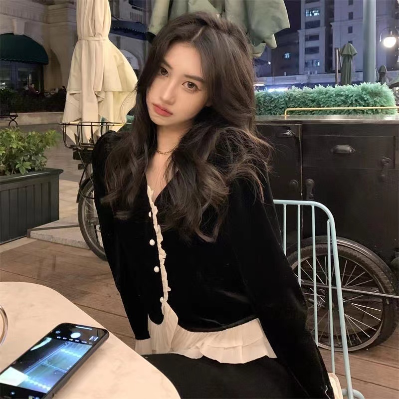 Áo Nhung Tay Dài Cổ Chữ v Dáng Ôm Thời Trang retro Xinh Xắn Cho Nữ
