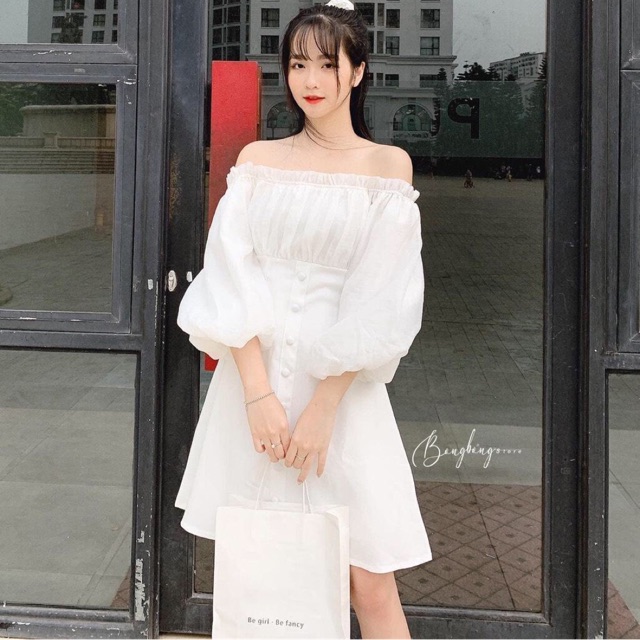 Váy trễ vai tay phồng(ảnh thật )