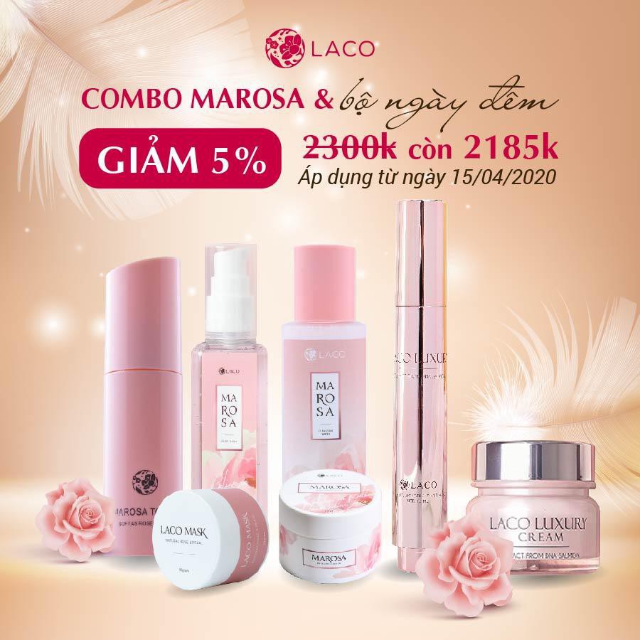 (Tặng máy phun nano, nước hoa, nạ biocell Laco chính hãng) Trọn bộ sản phẩm chăm sóc da Marosa và dưỡng da ngày đêm Laco