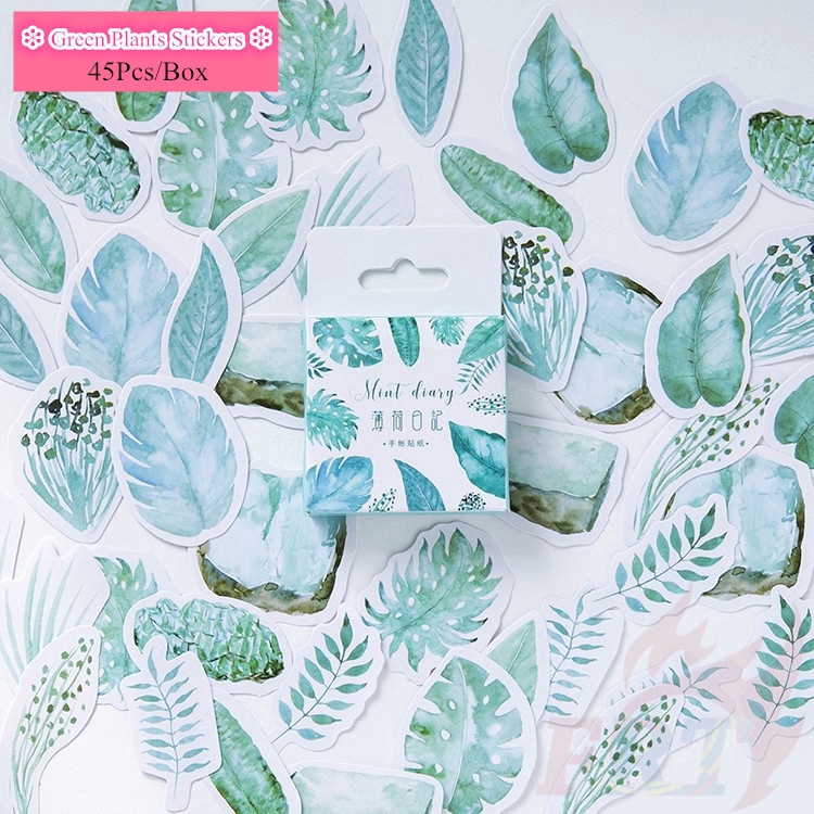Hộp 45 miếng hình dán họa tiết cây cối tông màu xanh lá dùng trang trí DIY