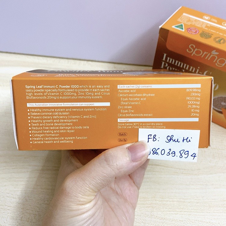 Vitamin c và kẽm cho bé từ 2 tuổi và người lớn dạng bột hộp 30 gói, spring leaf immuni c powder úc