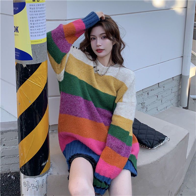 Jiashucheng Áo Sweater Cổ Tròn Họa Tiết Kẻ Sọc Nhiều Màu Sắc Phong Cách Hàn Quốc Dễ Phối Đồ Cho Học Sinh