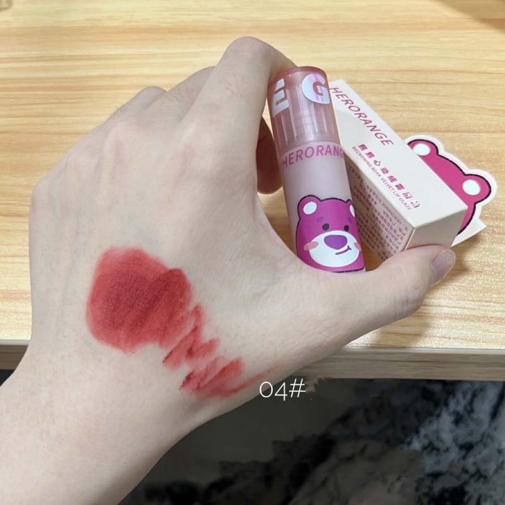 Son kem lì gấu dâu HERORANGE mềm mịn lâu trôi Beckoning Bear Velvet Lip Glaze