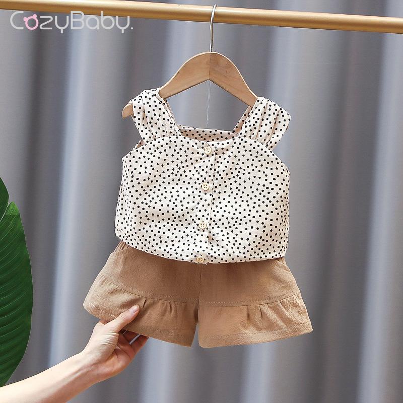 Set Đồ 2 Món Áo Không Tay + Quần Ngắn Chấm Bi Thời Trang Hàn Quốc Cho Bé Gái 0-3 Tuổi