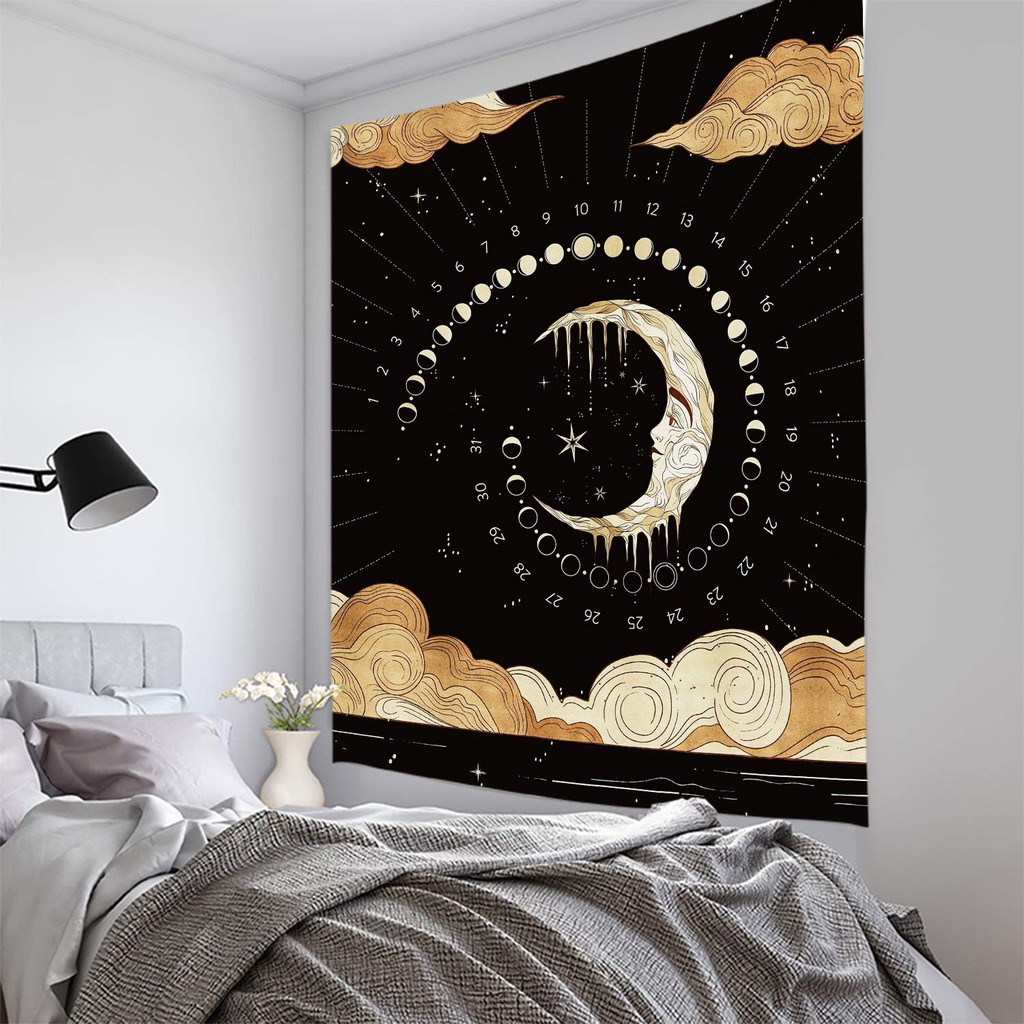 Tấm thảm Treo tường Vải đen và trắng Ngôi sao / Mặt trăng Trang trí nhà Trang trí Nền Vải Tấm thảm đi biển Khăn tắm
