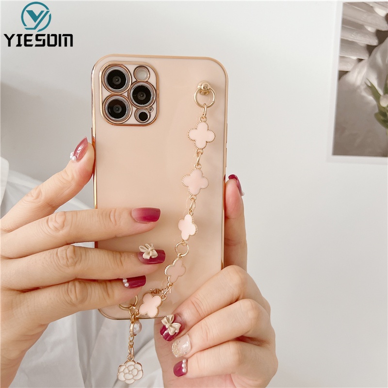 Ốp Điện Thoại Silicon Mềm Họa Tiết Lá May Mắn Có Dây Đeo Tay Cho iPhone 13 12 11 Pro Max