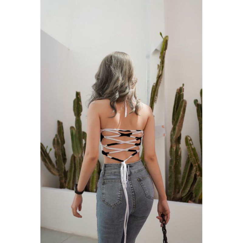 Áo croptop yếm chéo dây bò sữa