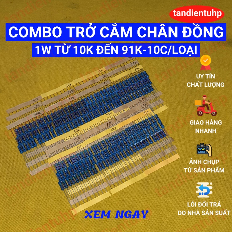 Trở cắm 1W màng kim loại, chân Đồng, sai số 1% , 21 mã từ 10K đến 91K mỗi mã 10 chiếc, thương hiệu Đài Loan