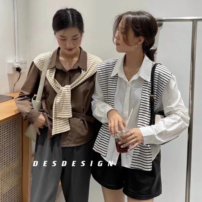 Áo Sơmi Dài Tay Kèm Khoác Choàng Kẻ Sọc, Sơ Mi Đũi Mát Mẻ