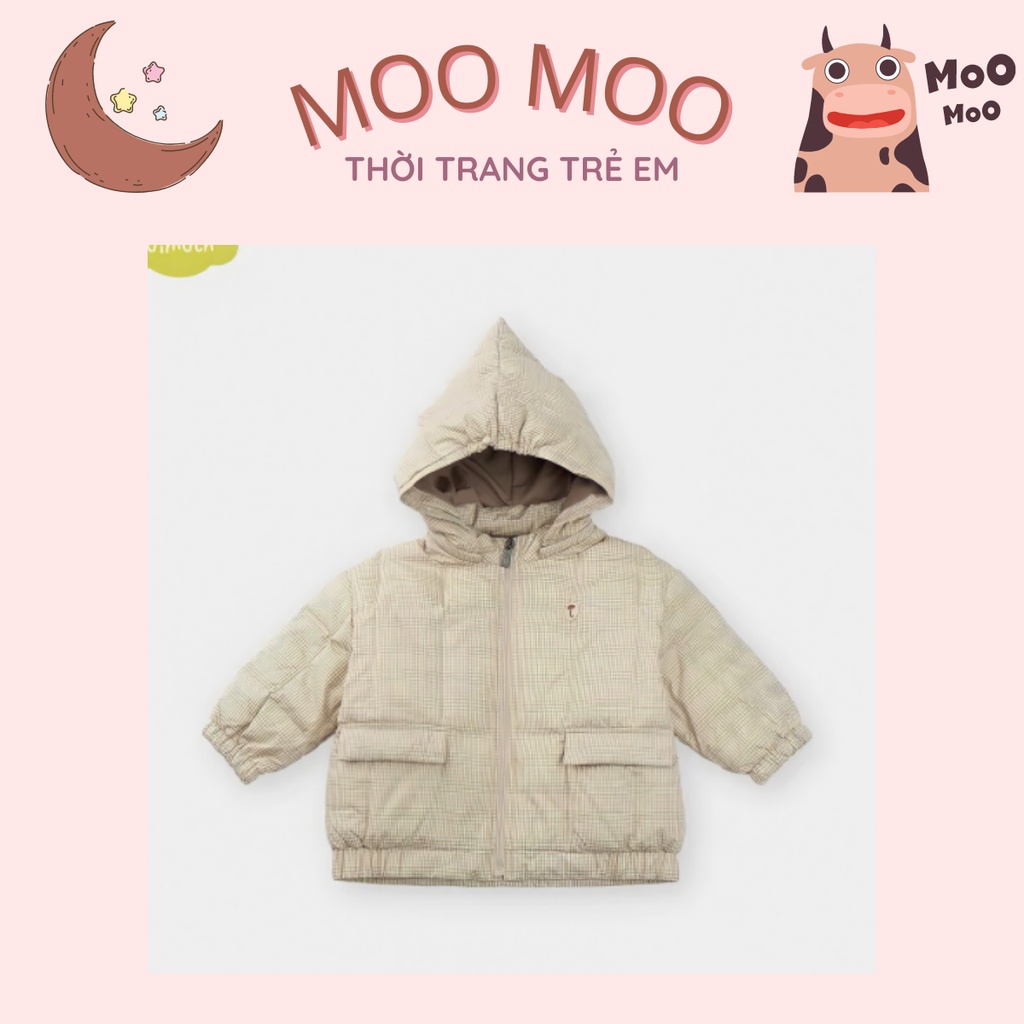 Áo phao lông vũ Moimoln màu be mũ chóp bo tay cho bé 245A002D