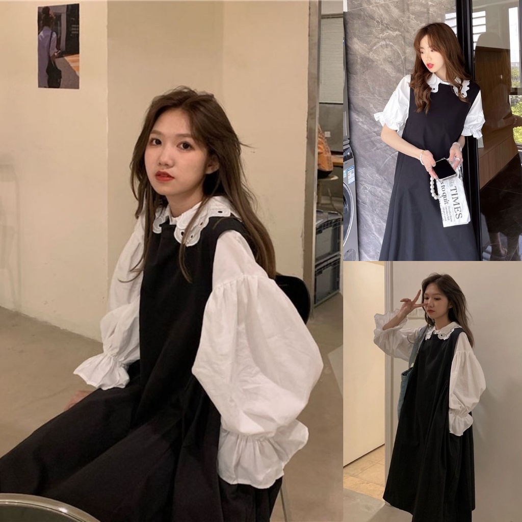 Set đầm không tay dáng rộng + áo sơ mi thời trang Hàn Quốc xinh xắn