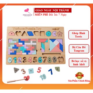 Bảng gỗ ghép hình tangram đa năng kết hợp câu cá nam châm cho bé