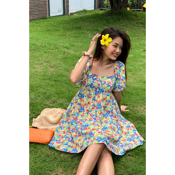 Đầm Maybi babydoll lụa in hoạ tiết phối nơ lưng tay cánh tiên