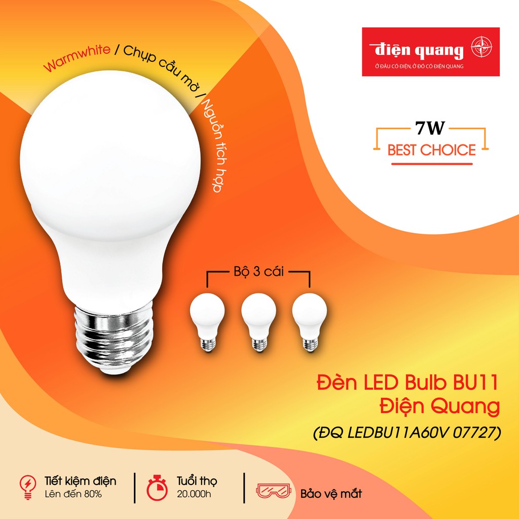 [Mã LIFE10K15 giảm 10K đơn 20K] Đèn LED bulb BU11 Điện Quang ĐQ LEDBU11A60 07765 (7W, daylight, chụp cầu mờ)