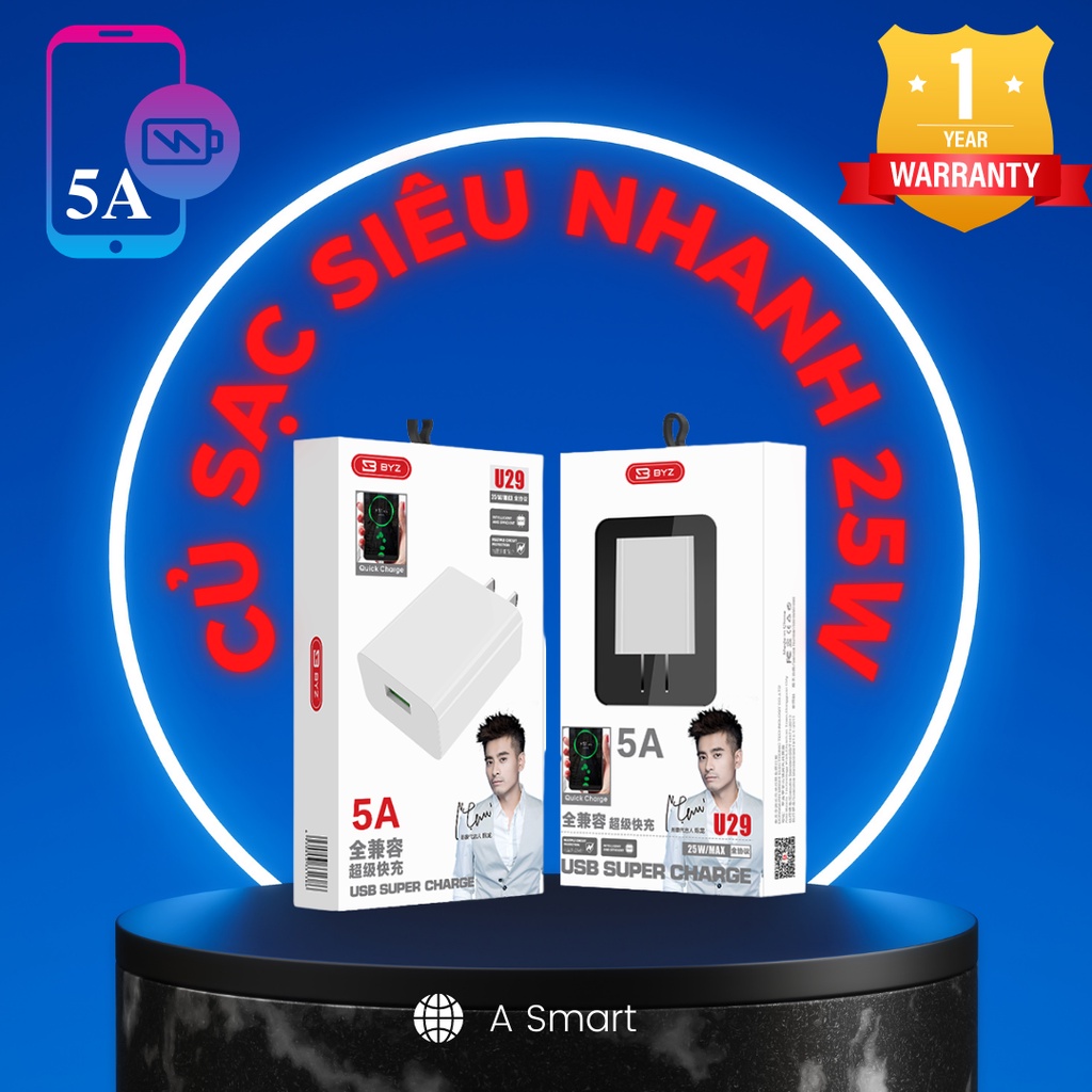 Củ Sạc Nhanh 25W Chính Hãng Cổng USB QC3.0 Vỏ Chất Liệu Nhựa ABS+PC Chống Cháy Nổ Bảo Hành 12 Tháng