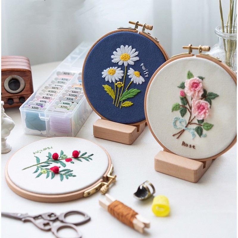 Set Kit DIY tập thêu tay Embroidery flowers hoa Vintage đầy đủ kim chỉ vải thêu thủ công tự làm quà tặng ý nghĩa lenmade