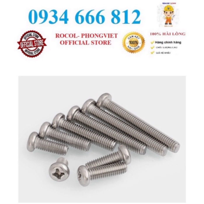 Combo 50c Vít pake đầu tròn thân bulong inox304 M5X8, M5X10, M5X16, M5X200