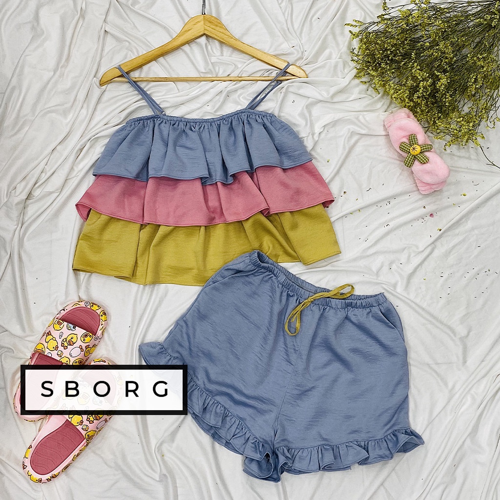 Đồ bộ mặc nhà SBORG đồ ngủ 2 dây áo 3 tầng tuyết nhung sexy quần đùi viền bèo cute free size dưới 60kg quà tặng vợ | BigBuy360 - bigbuy360.vn