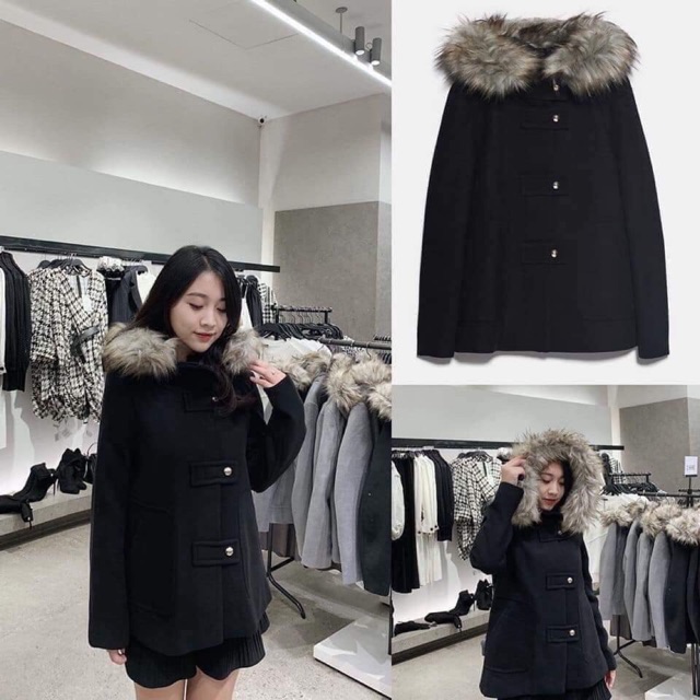 Áo dạ mũ lông zara