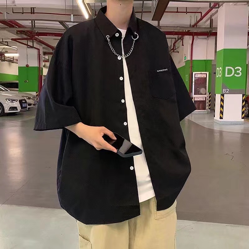 Áo Sơ Mi Lụa Lạnh Tay Ngắn Dáng Rộng Phong Cách Thời Trang Nhật Hàn Cho Nam Giới